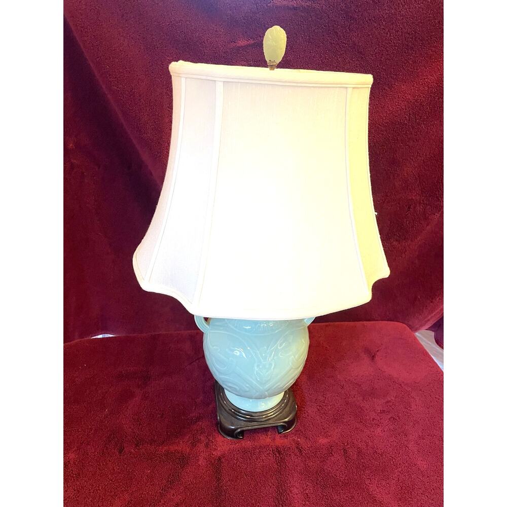 Vintage Celadon Style Ceramic Dragon Handle Table Lamp Carved Green Stone Finial